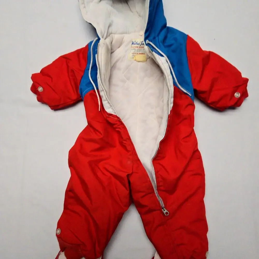 Vintage Weather Tamer Red Blue Hooded Snowsuit Toddler Made in USA Kids 24 Month